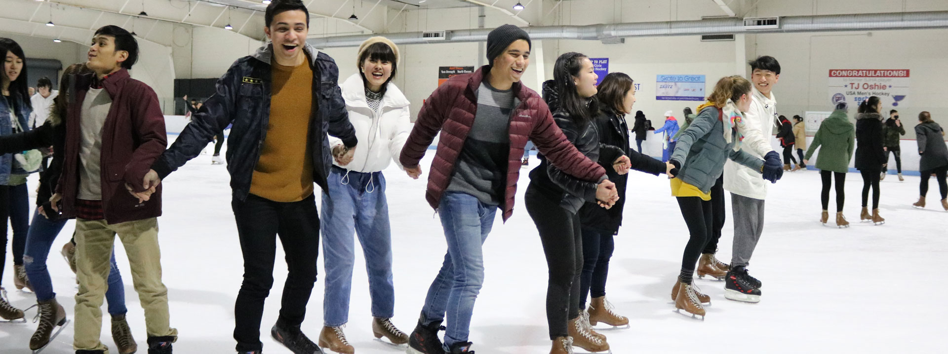 International students at the ice rink