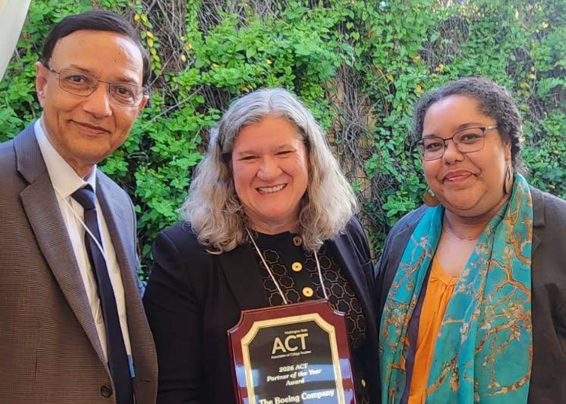 Senior Manager for Boeing Global Engagement Gina Breukelman (middle) with Edmonds College President Dr. Amit B. Singh (left) and Board Chair Courtney Wooten (right) during the Washington State Association of College Trustees (ACT) annual awards. (Photo courtesy of President Dr. Amit B. Singh)