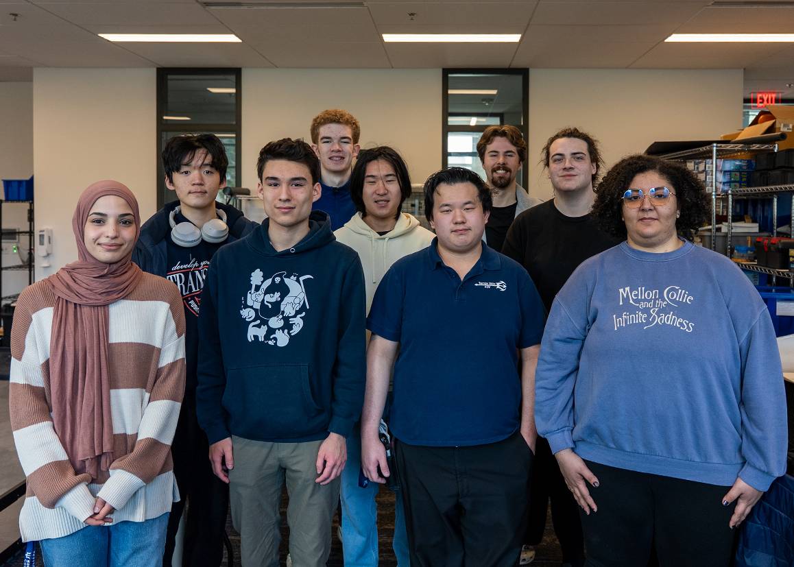 The 2026 Edmonds College ROV team: (front, left to right) Sarah Abdullah, Cooper Kang, Ty Gross, Shere Beshay. (middle, left to right) Woochan Seong, Matthew Lim, Charles Kosten. (back, left to right) Apollo Graves and Avary Olson. (Photo by Miranda Shook / Edmonds College)