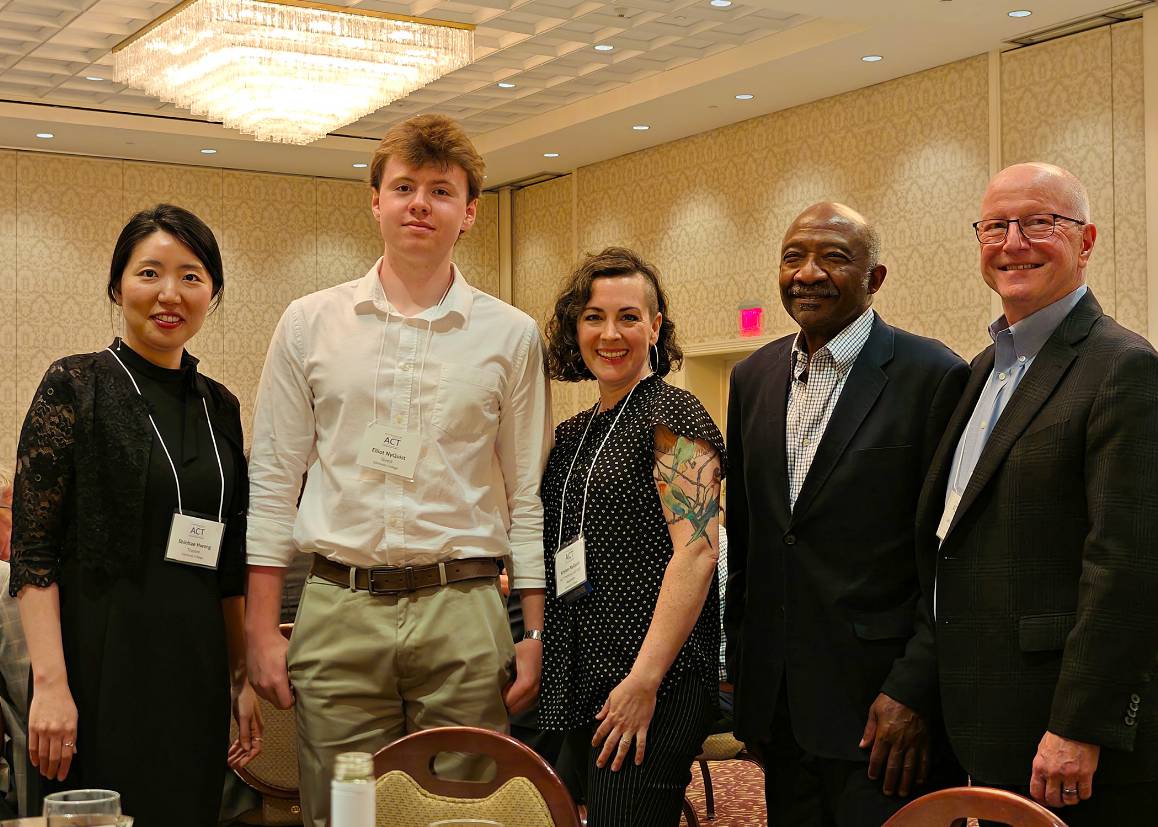 Kristen NyQuist (center) was joined at the 2023 Washington State ACT Spring Conference awards by (L-R:) Edmonds College Student Trustee Shinhae Hwang, son Elliot NyQuist, Trustee Wally Webster, and Trustee Carl Zapora. (Photo courtesy of Kristen NyQuist)