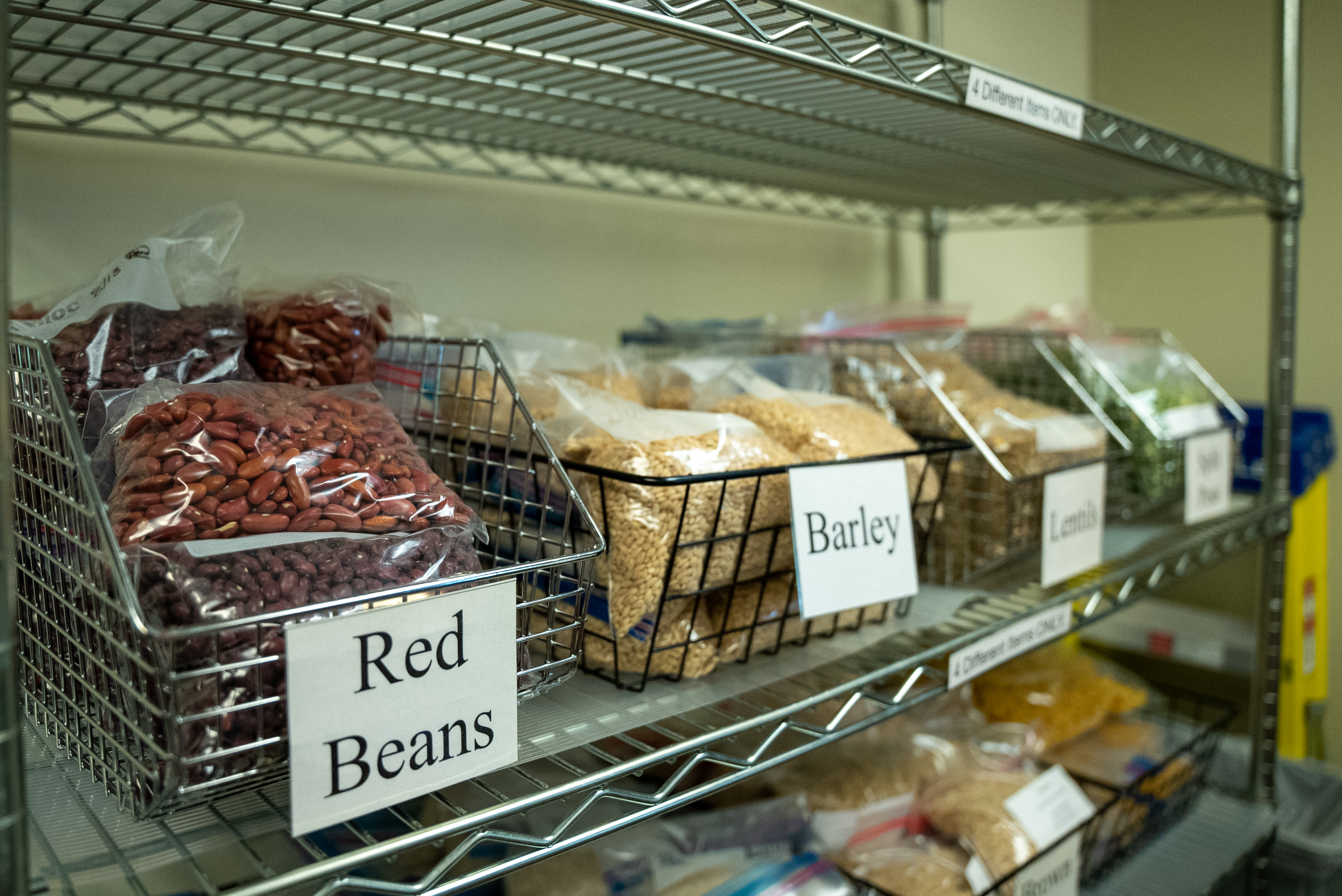 Dried red beans, lentils, and barley on a shelf in the Edmonds College Food Pantry.
