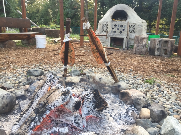 Salmon cooking on a stick