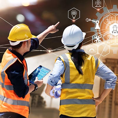 Workers in hard hats pointing