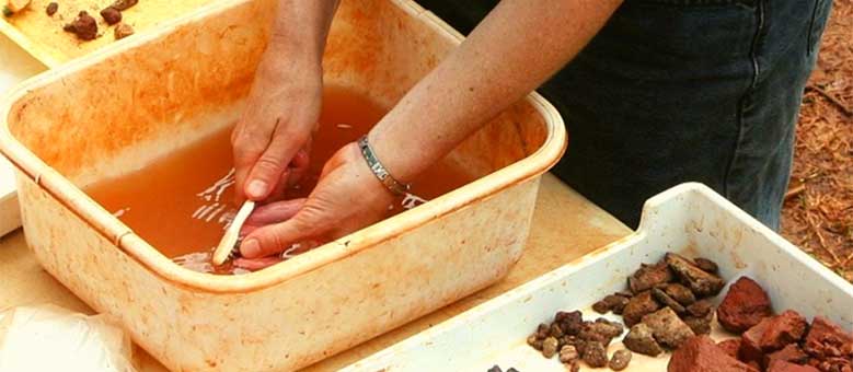 Student cleaning archaeological items