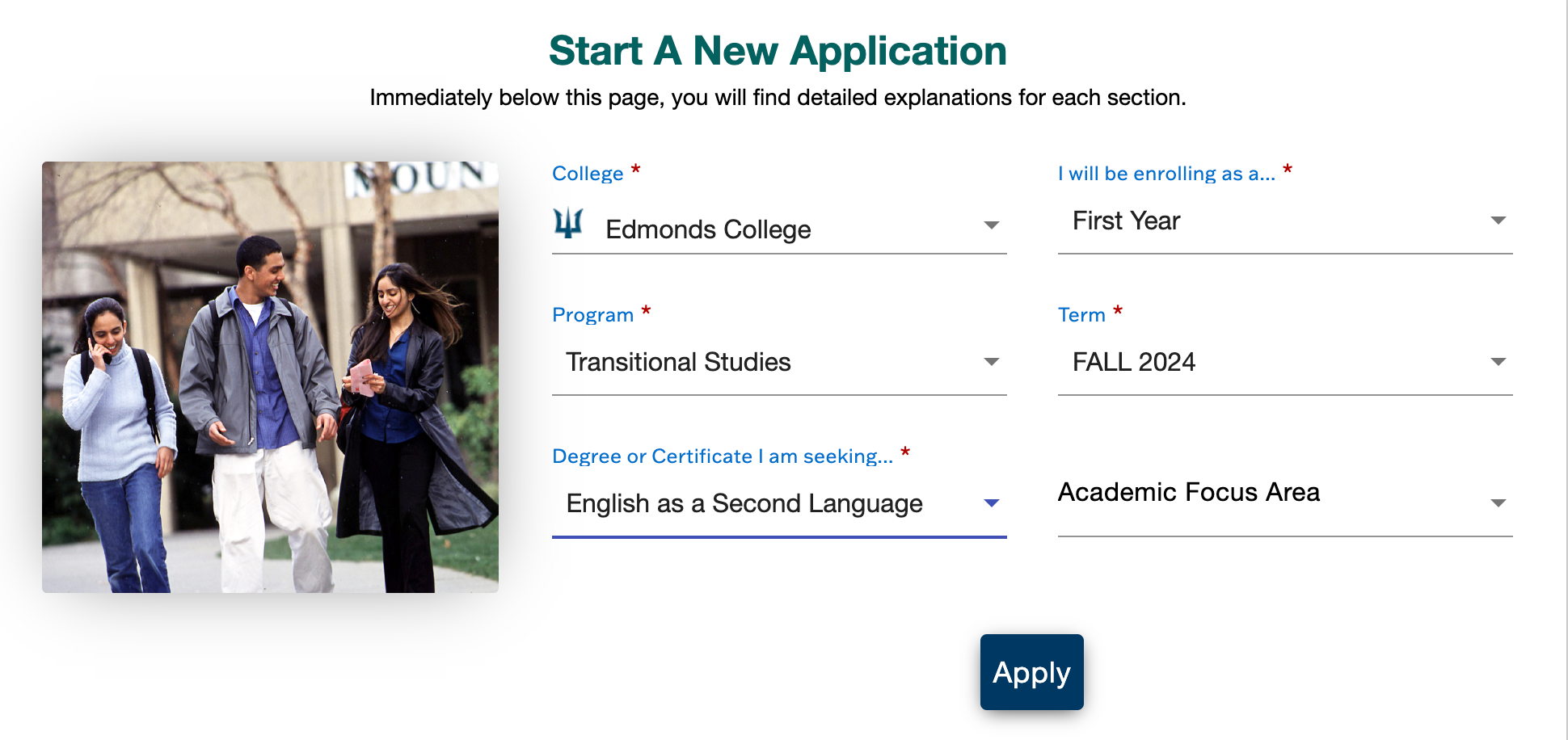 Screenshot of options to select on application