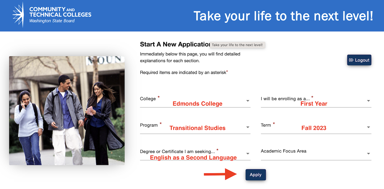 Screenshot of how to complete first page of Edmonds College application