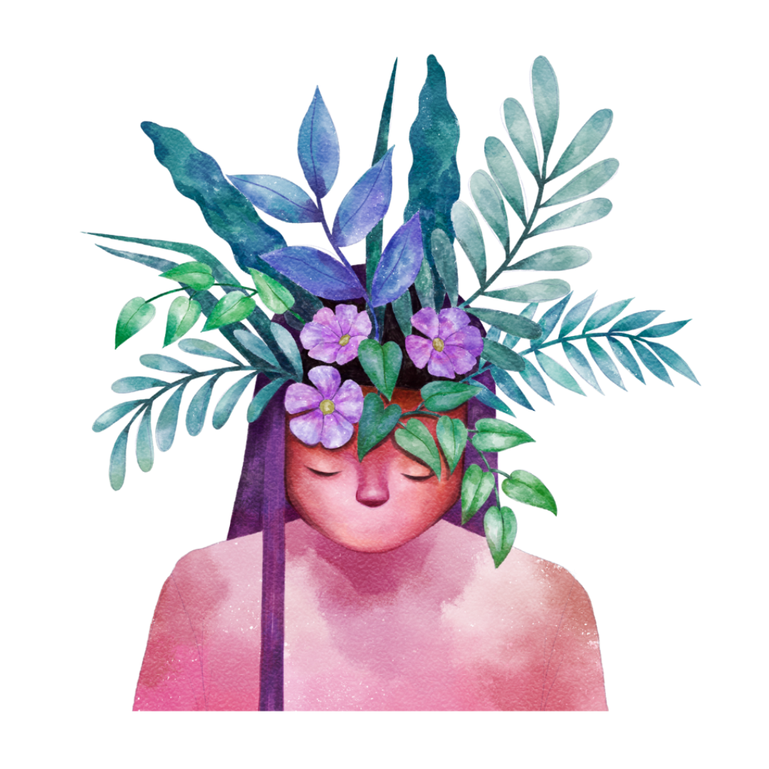 fantastical watercolor head and shoulder image of a person with long hair, and plants coming out of the top of their head