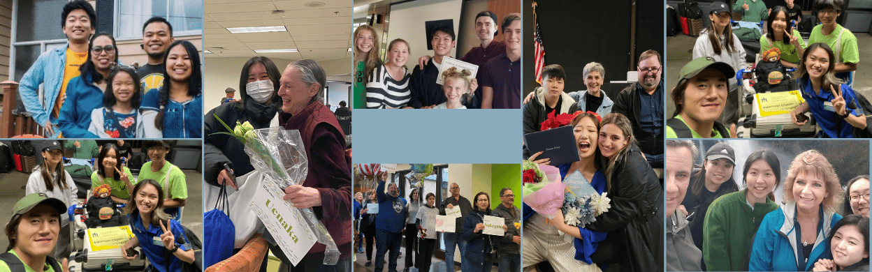 multiple pictures of homestay students and families formatted in a collage