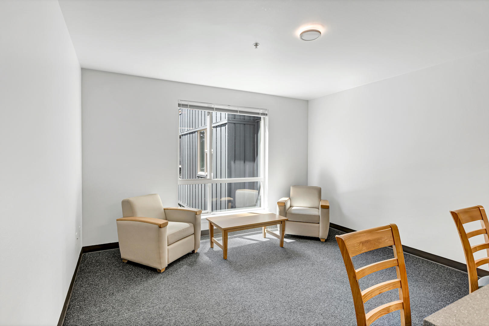 Minimal living room with two armchairs, small coffee table, carpet flooring, and large window.