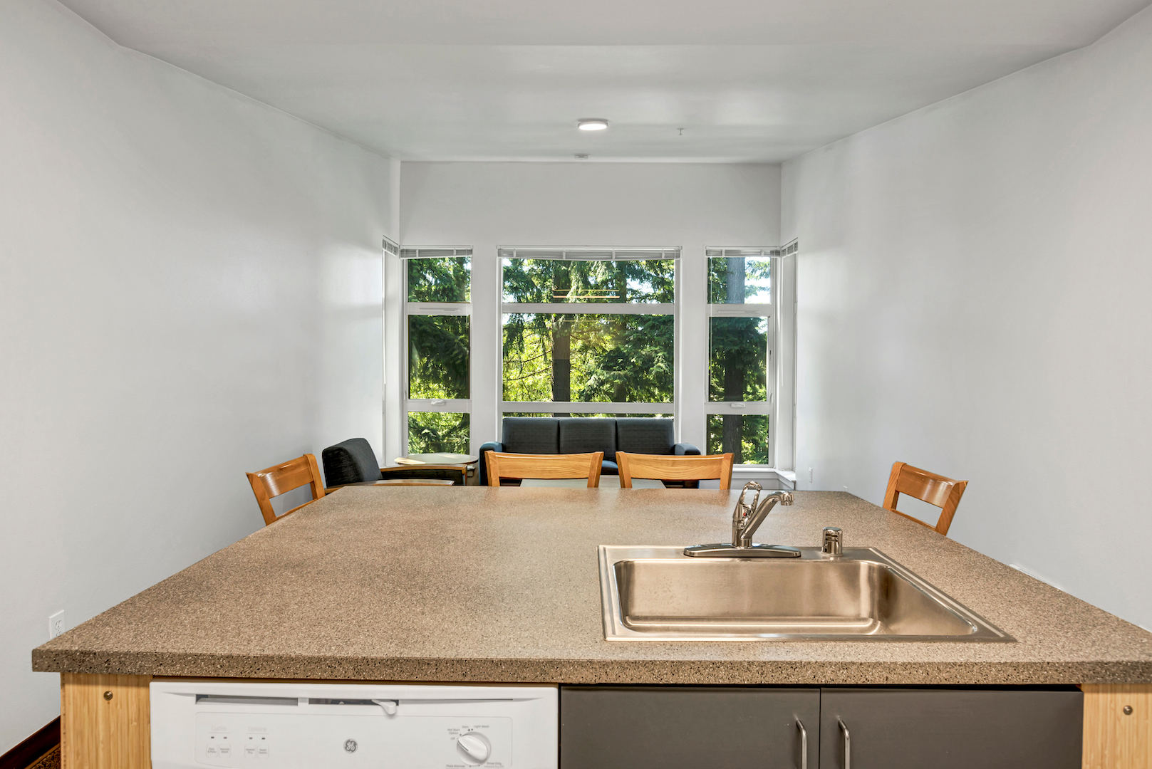 View from kitchen island toward living area with large windows and seating.