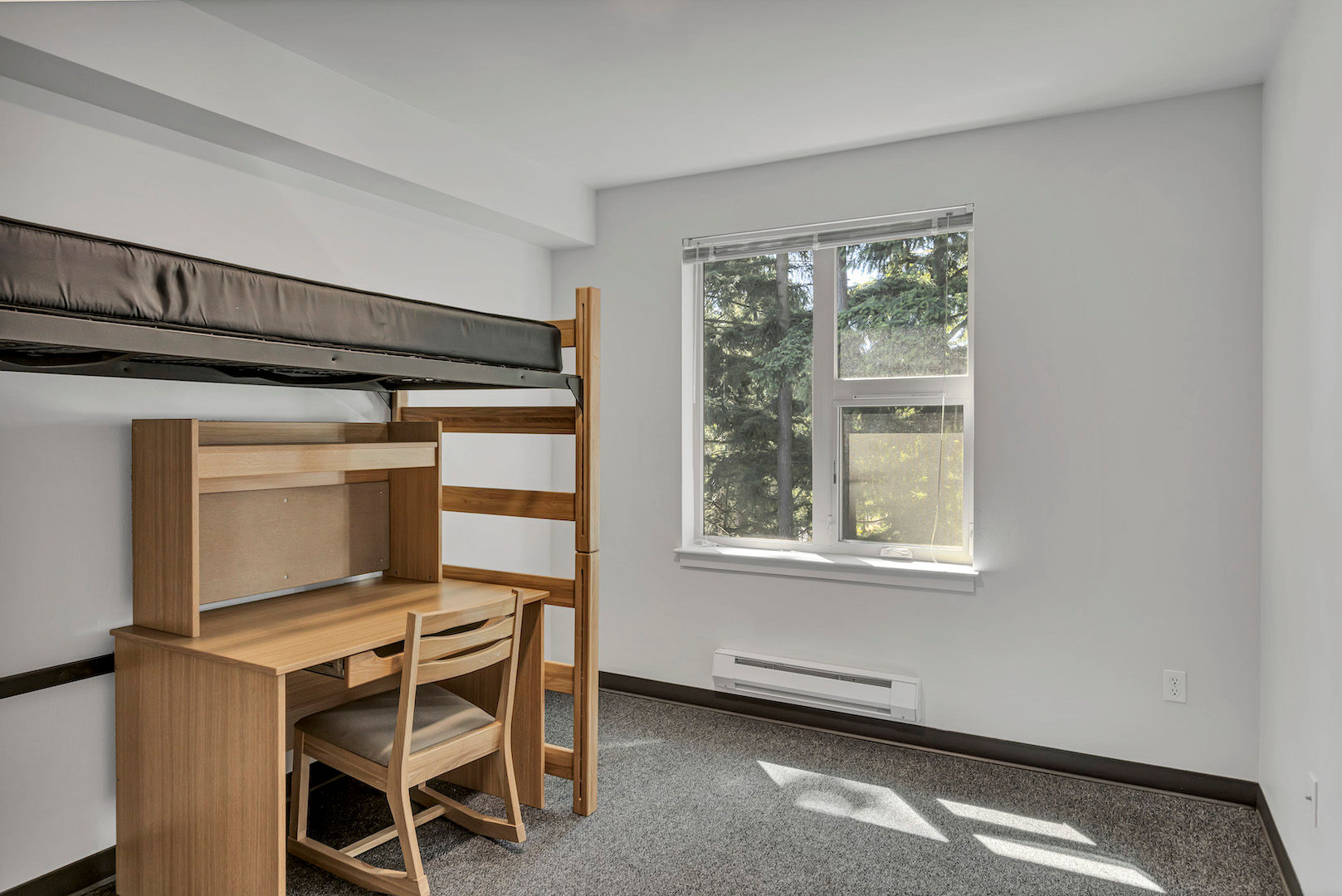Bedroom featuring lofted bed that can be adjusted, wooden desk and chair, dresser, and window.