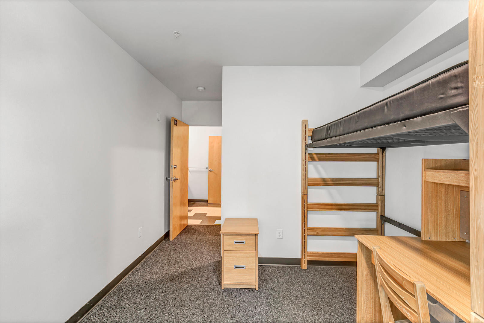 Bedroom with lofted bed, ladder, desk, and view toward open door and hallway.